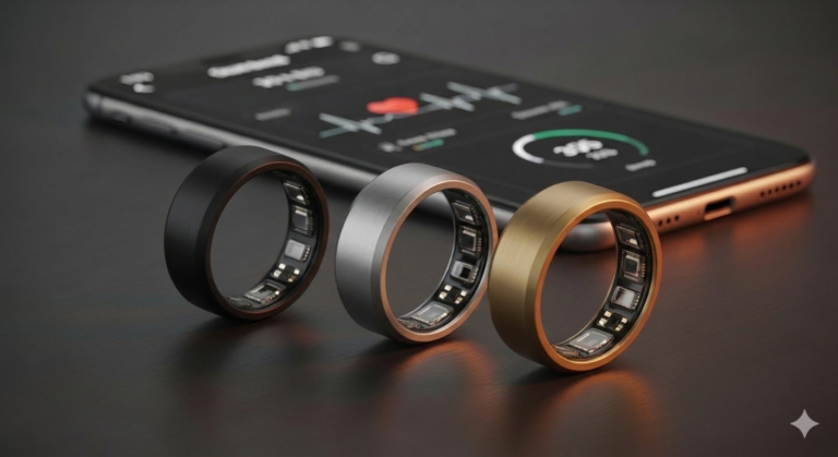 Drei Smart Rings vor einem Smartphone mit Gesundheitsdaten – KI-generiertes Symbolbild