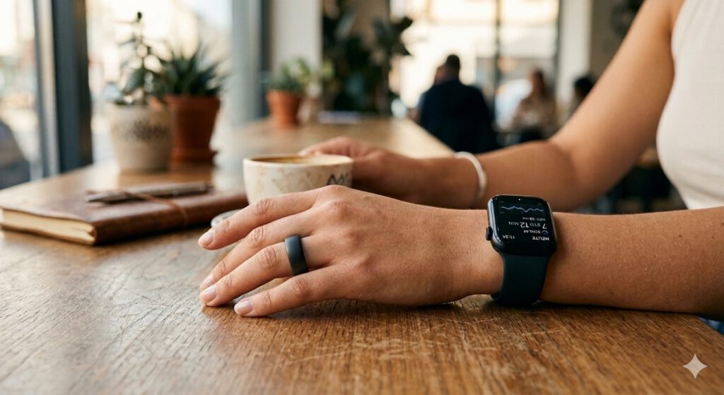 Frau trägt Smart Ring und Smartwatch – KI-generiertes Symbolbild