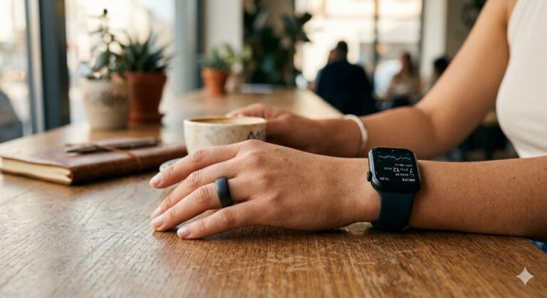 Frau trägt Smart Ring und Smartwatch – KI-generiertes Symbolbild