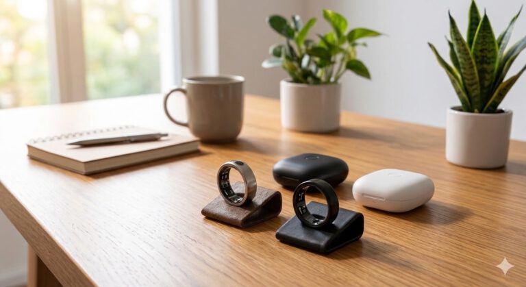Smart Ring mit Ladestation auf einem Schreibtisch – KI-generiertes Symbolbild