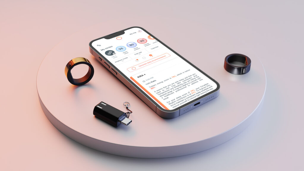 Ultrahuman Ring Pro mit Smartphone-App und Ladeadapter
